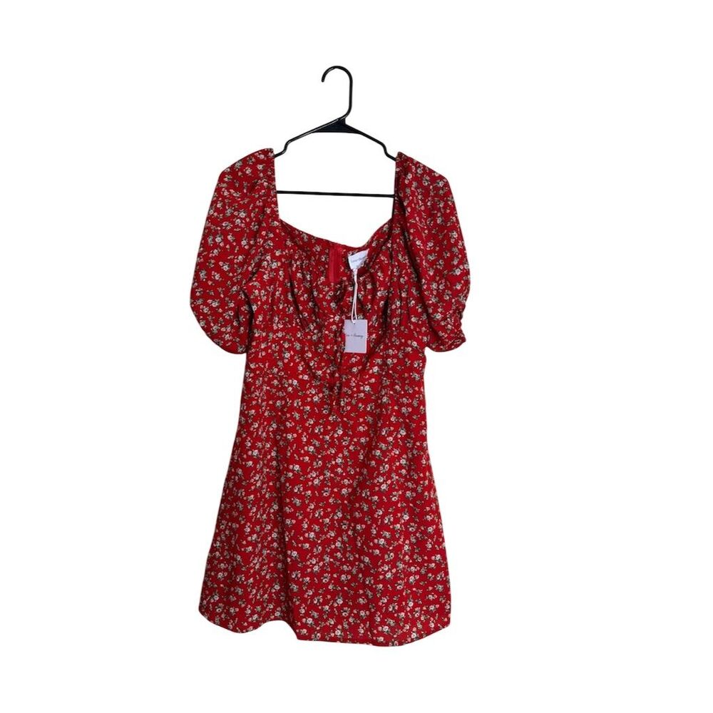 NWT Love + Harmony  Aitana Women's Red Floral Puff Sleeve Mini Dress Size L